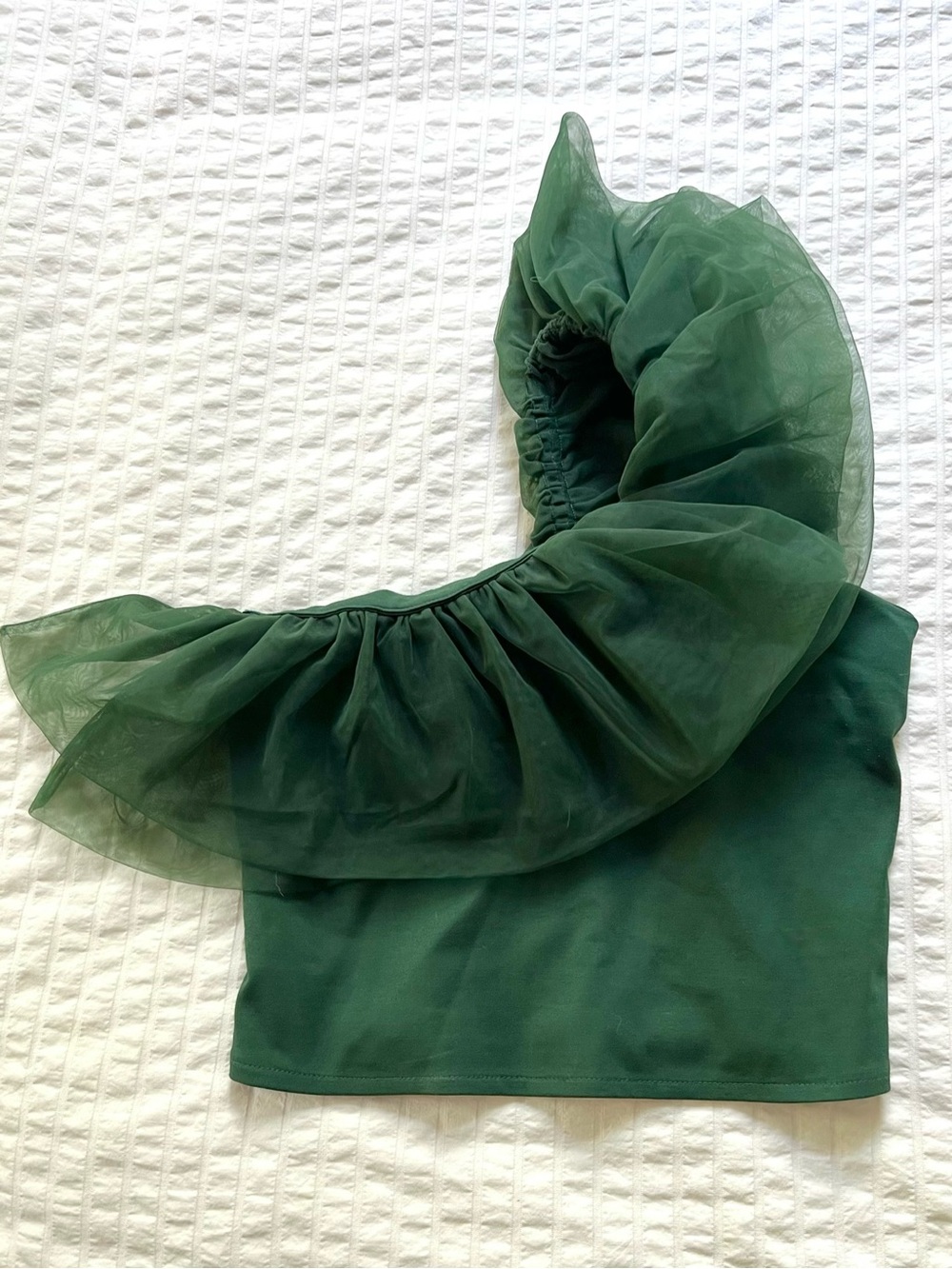 Sunday in Brooklyn One Shoulder Layered Mesh Ruffle Green Crop Top